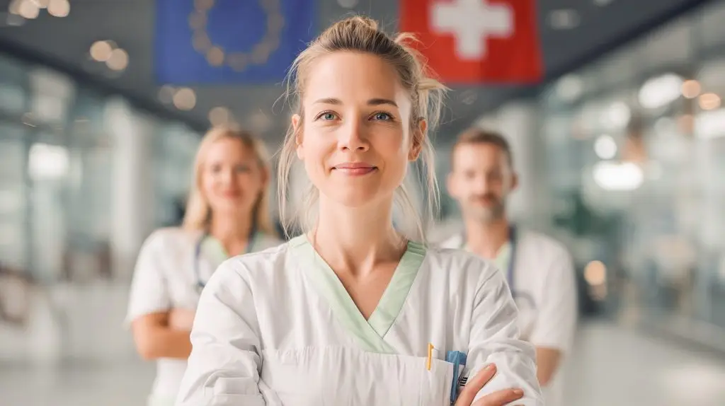 Pflegefachkraft im modernen Krankenhaus in Salzburg mit EU- und Schweiz-Bezug im Hintergrund – internationales Team im Gesundheitswesen, Fokus auf Karriere in der Pflege